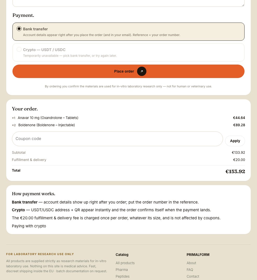 The order summary while you pay: goods, the single flat fulfillment fee, and the total the invoice is written against.